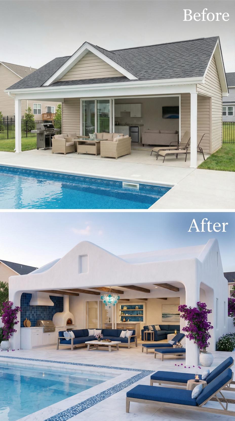Santorini White Stucco and Undulating Roofline Replace Gabled Vinyl