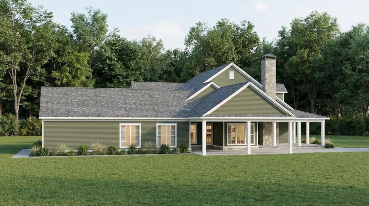 Green Siding and Stone Columns Frame Expansive Front Porch