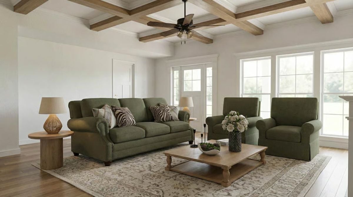 Coffered Ceiling with Wood Beams Anchors Olive Green Living Room