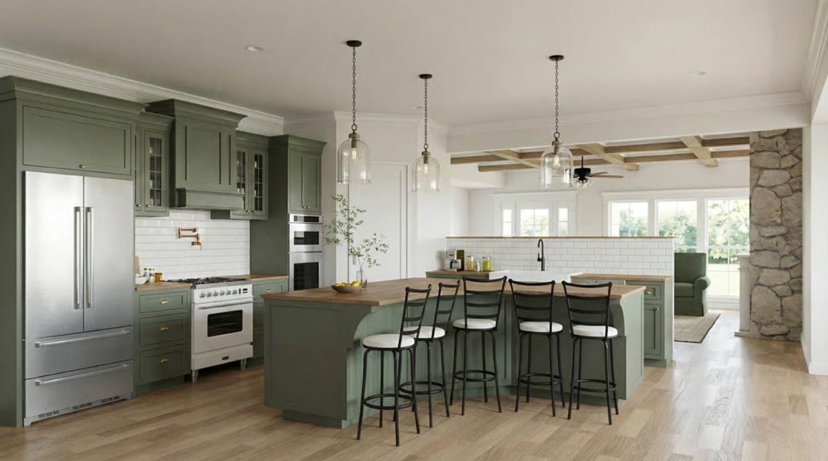 Sage Green Kitchen with Wood Island and Glass Pendant Lights