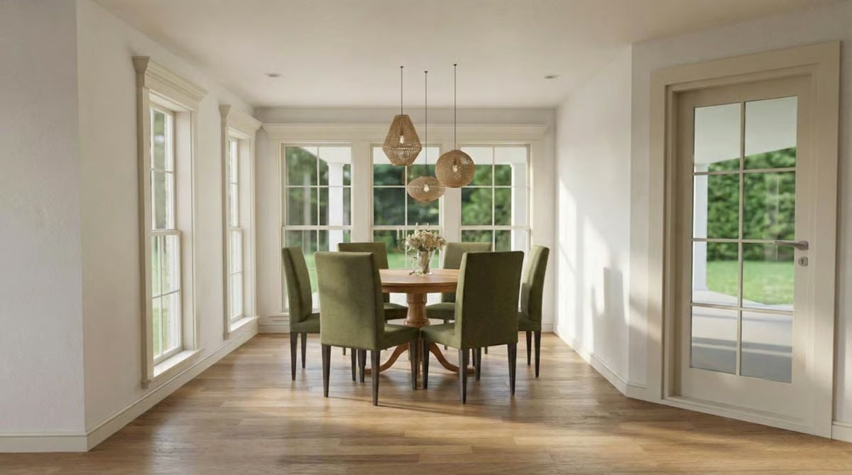 Woven Pendant Lights Illuminate Dining Room with Bay Windows
