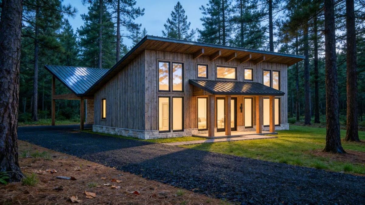 Woodland Retreat with Weathered Wood Siding and Metal Roofline