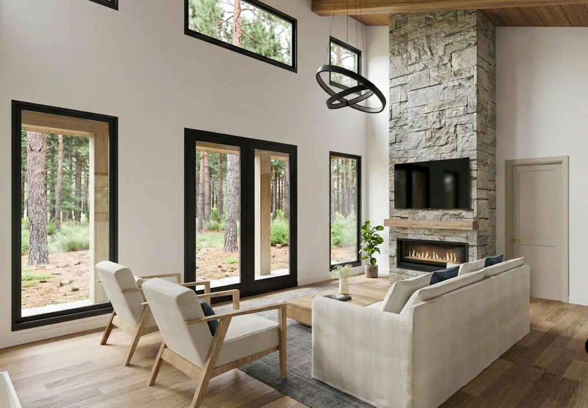 Floor-to-Ceiling Windows Frame Forest Views in Modern Living Space