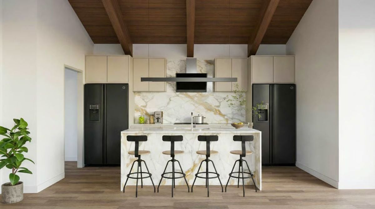 Contemporary Kitchen with Marble Island and Black Stainless Appliances