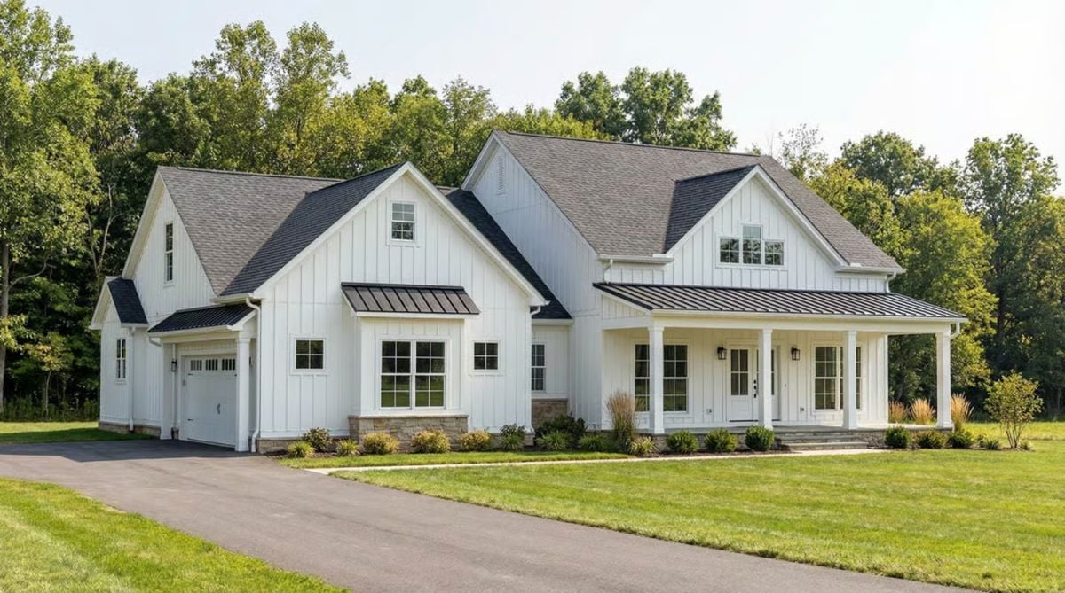 White Board-and-Batten Exterior with Covered Porch and Metal Roof Accents