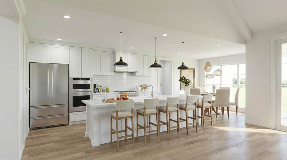 Marble Island and Black Pendants Ground a White Farmhouse Kitchen