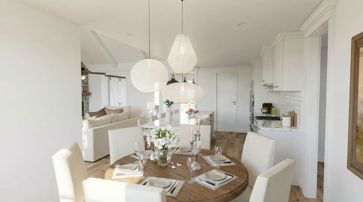 Mismatched Pendant Shapes Above a Round Table Create Casual Dining Drama