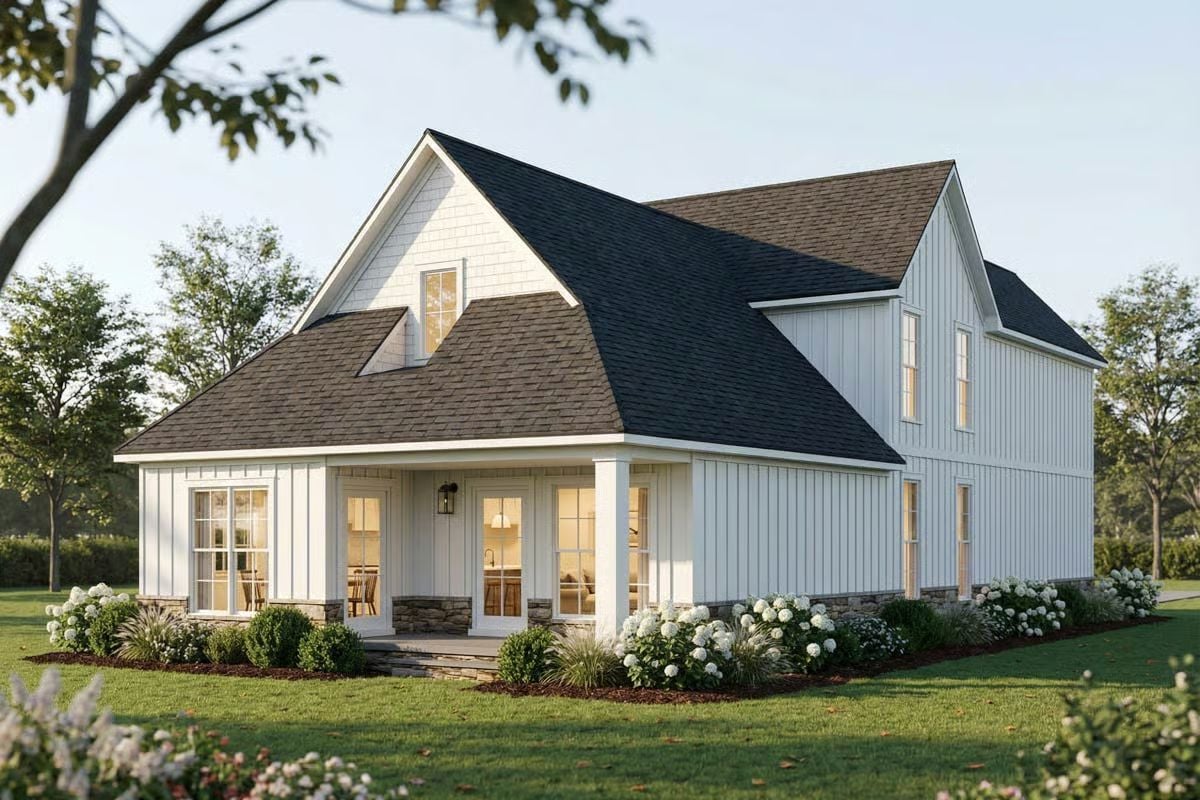 Board-and-Batten Siding and Stone Accents Define This Farmhouse Rear Elevation
