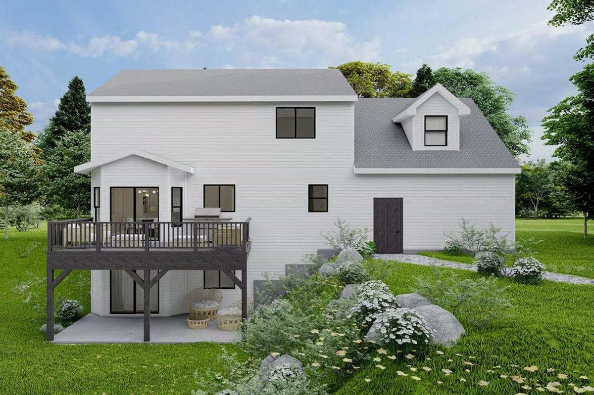 Raised Rear Deck Brings Outdoor Living to a Modern Farmhouse Back Elevation