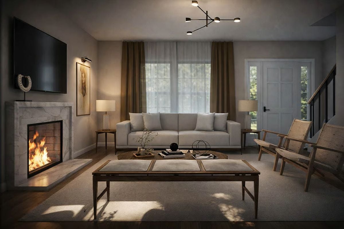 Marble Fireplace and Warm Lighting Make This Living Room Hard to Leave