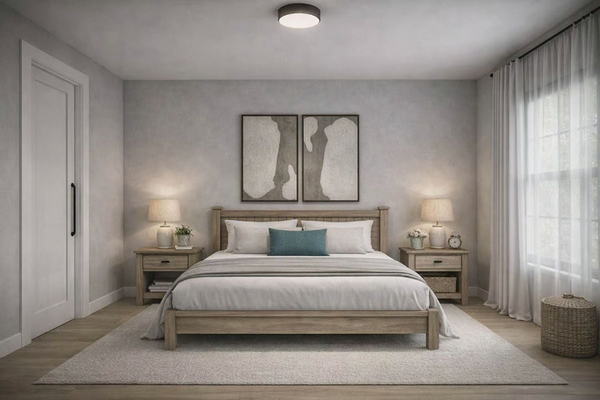 Warm Wood Tones and Layered Neutrals Define This Farmhouse Bedroom