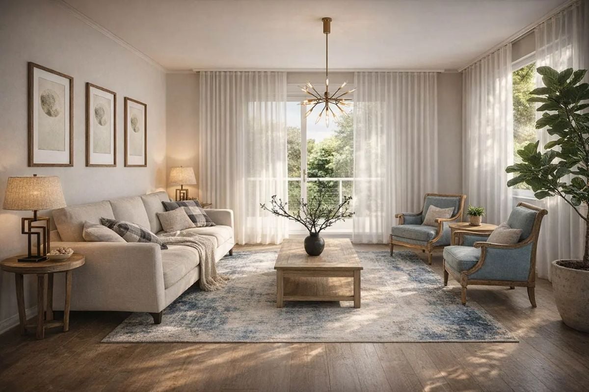 Warm Wood, Soft Linen, and Blue Accents in a Light-Filled Sitting Room