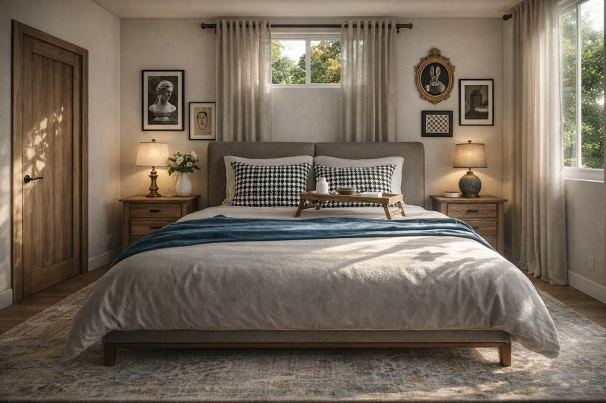 Houndstooth Pillows, Blue Throws, and Gallery Walls in a Bedroom Done Right