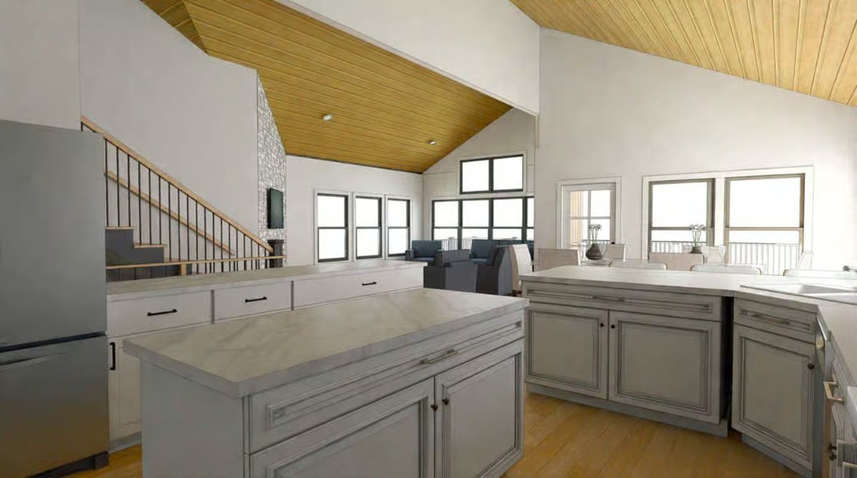 Open Kitchen and Great Room with Vaulted Wood Ceiling and Black Windows
