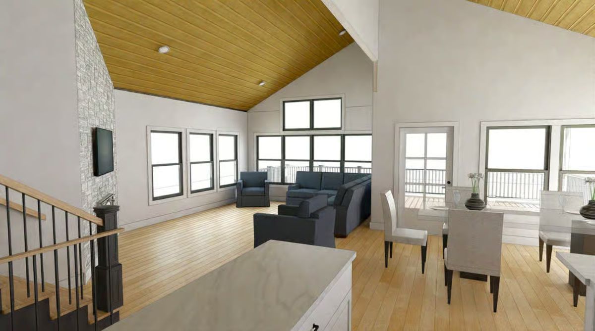 Living and Dining Area with Soaring Wood Plank Ceiling and Floor-to-Ceiling Glass