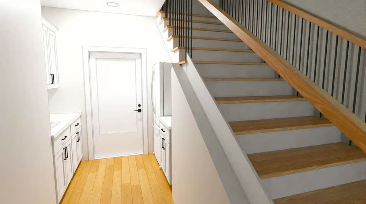 Curved Staircase Entry with White Built-In Storage and Modern Railing