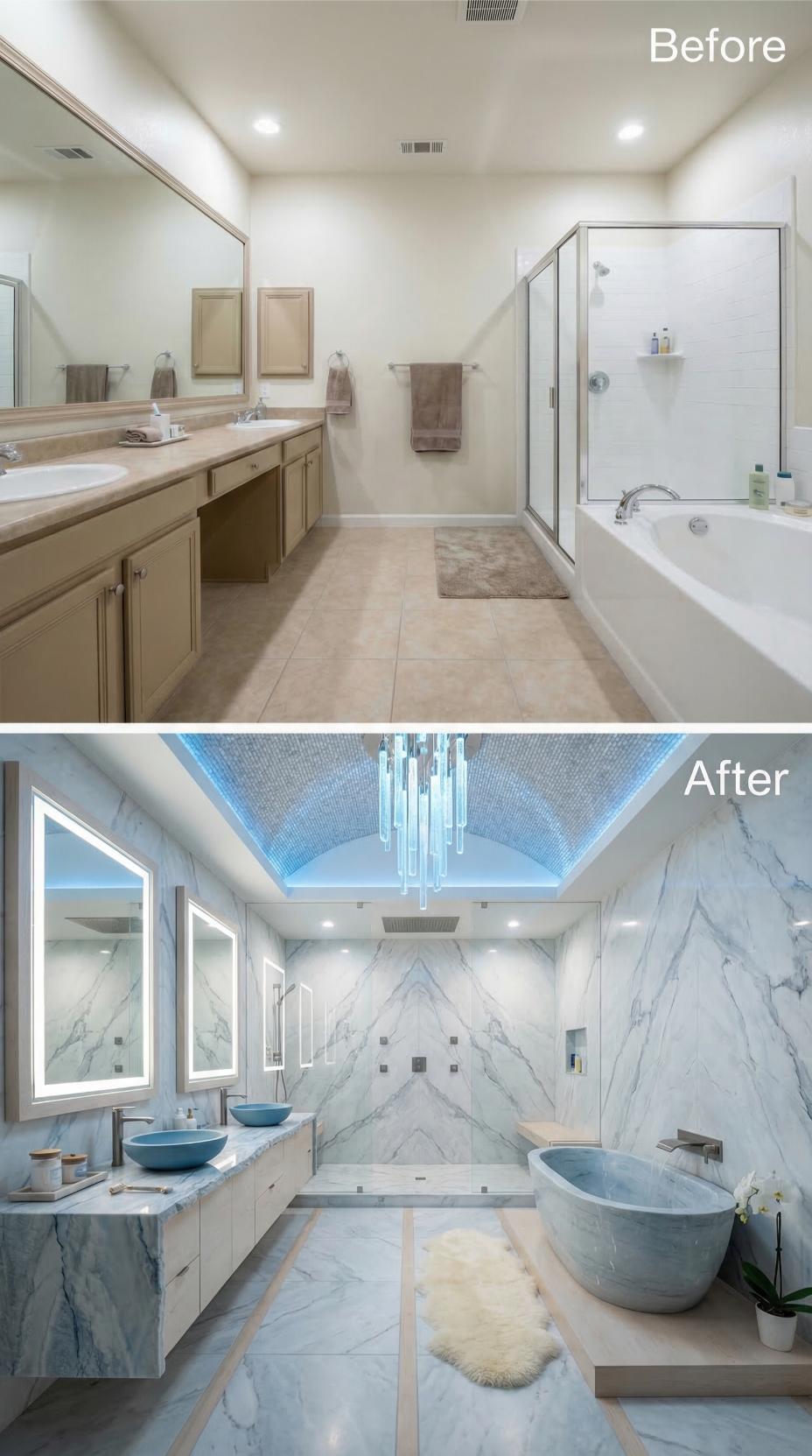 Calacatta Marble, Blue Vessel Sinks, and a Mosaic Barrel Ceiling Replace Beige Entirely