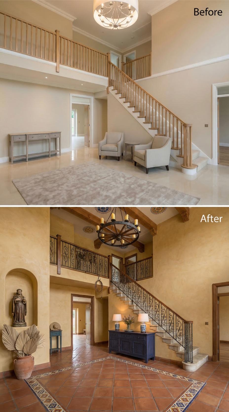 Wrought Iron Scrollwork, Terracotta Floors, and a Wagon Wheel Chandelier Replaced Oak and Beige