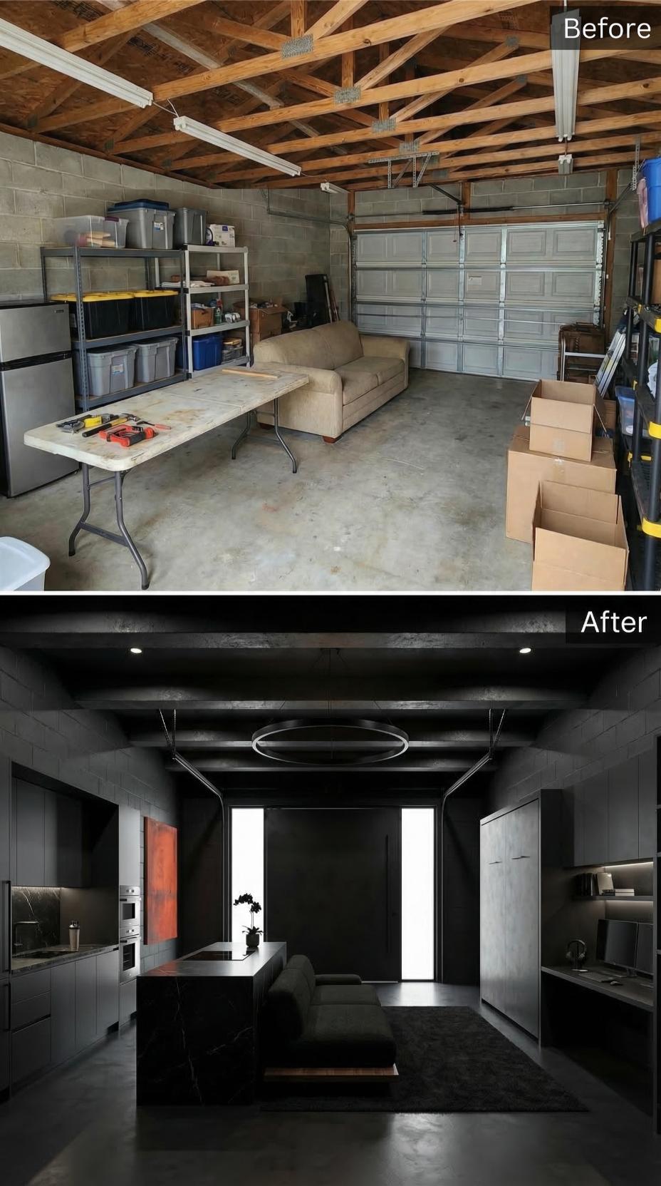 Matte Black Everything: How One Cluttered Garage Became a Dark Studio Apartment