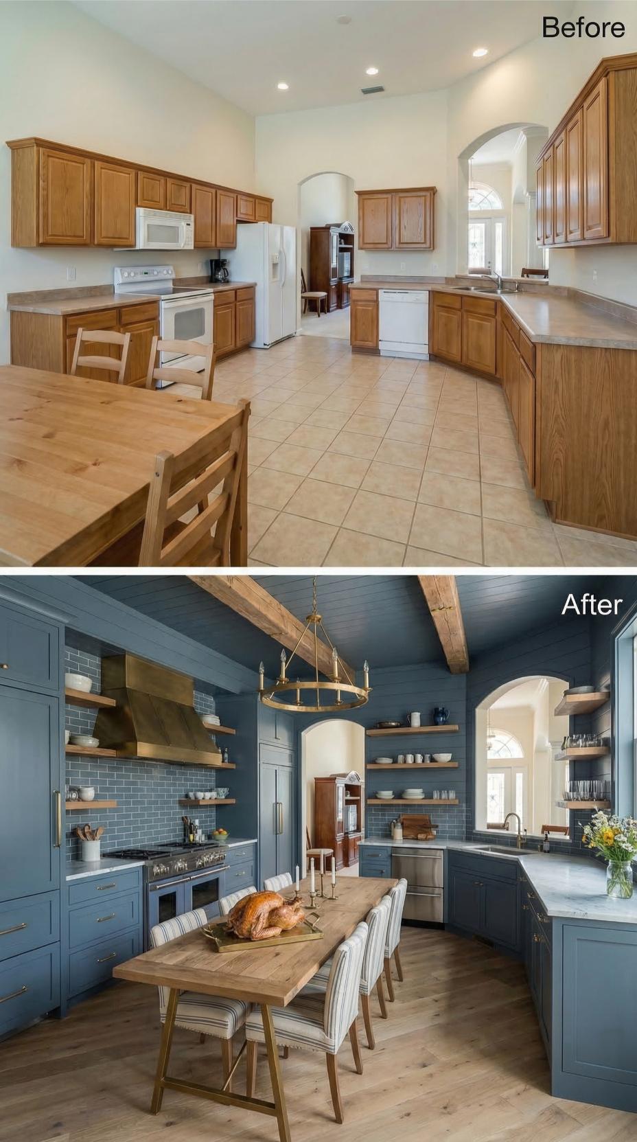 Slate Blue Shiplap Ceilings and Brass Hardware Recast a Builder Kitchen for Serious Hosts