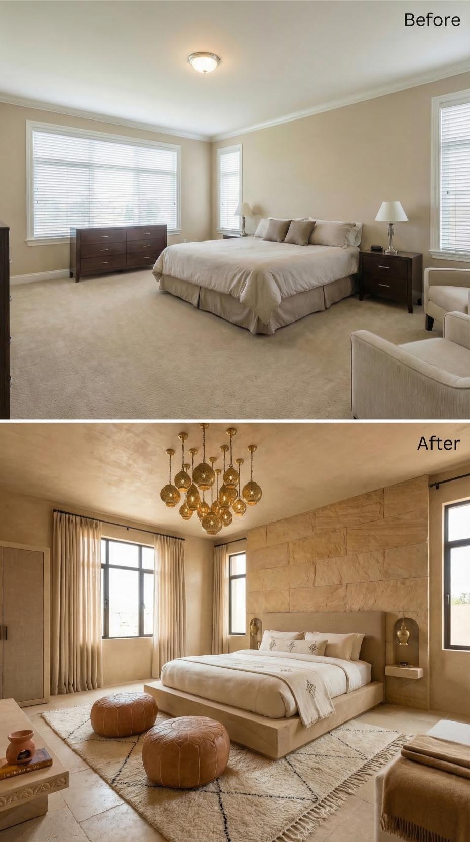 Moroccan Brass Pendants and Limestone Cladding Replaced Carpet and Flush Mounts