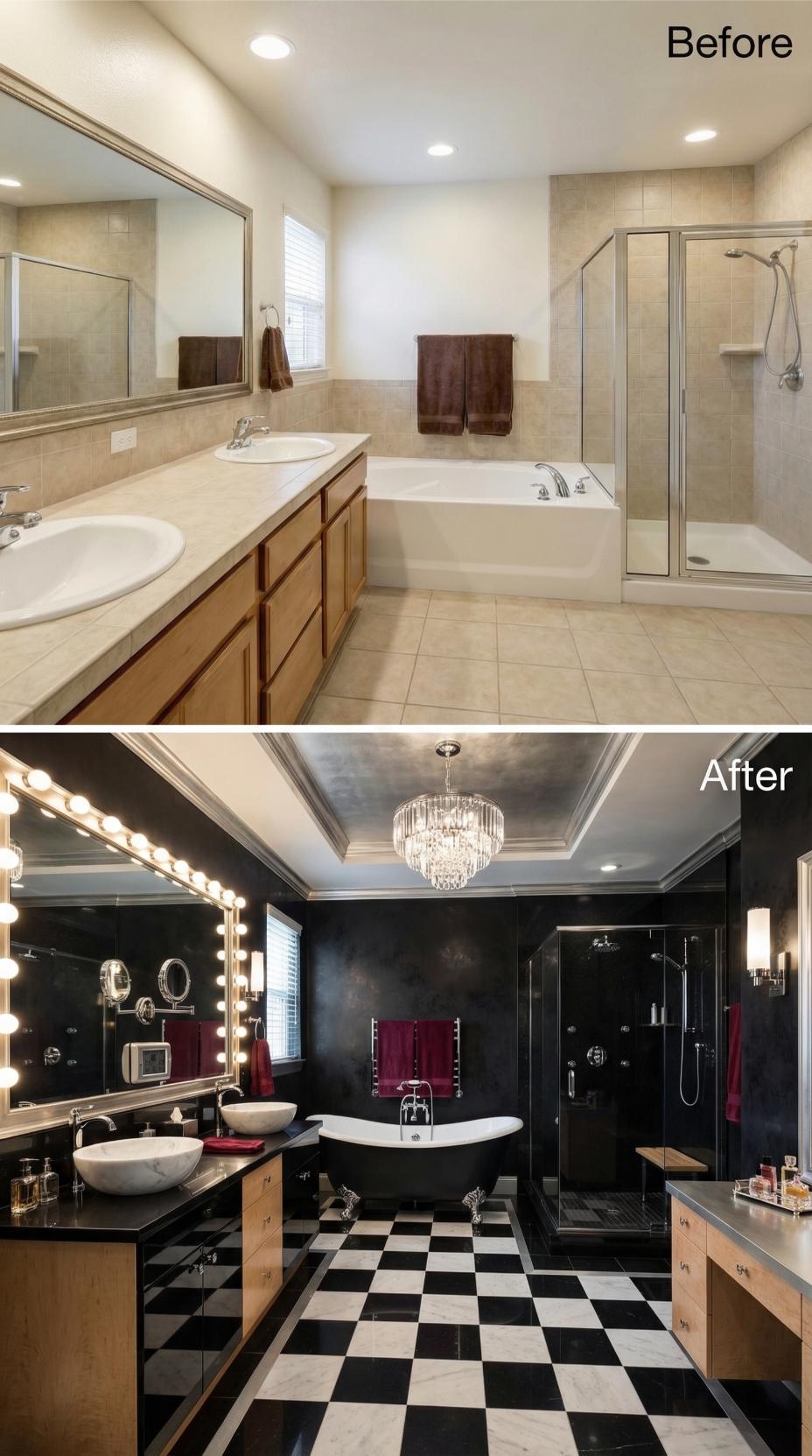 Black Walls, a Chandelier, and a Checkerboard Floor Declared War on Beige