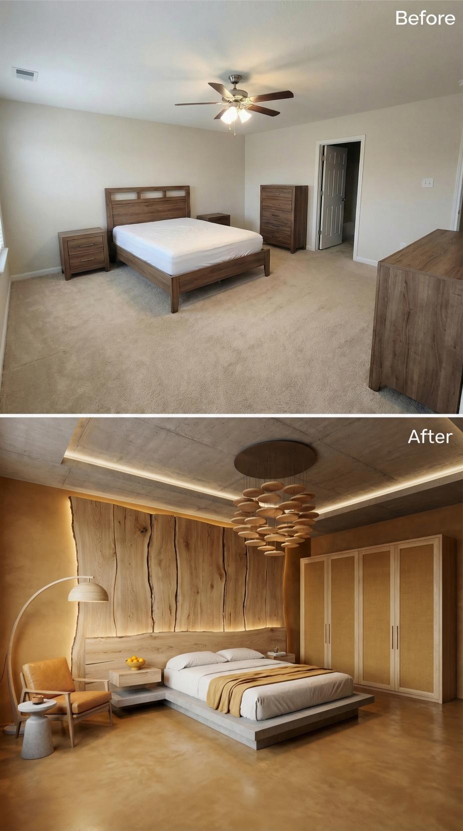 Live-Edge Headboard and Circular Wood Chandelier Replace Builder Beige