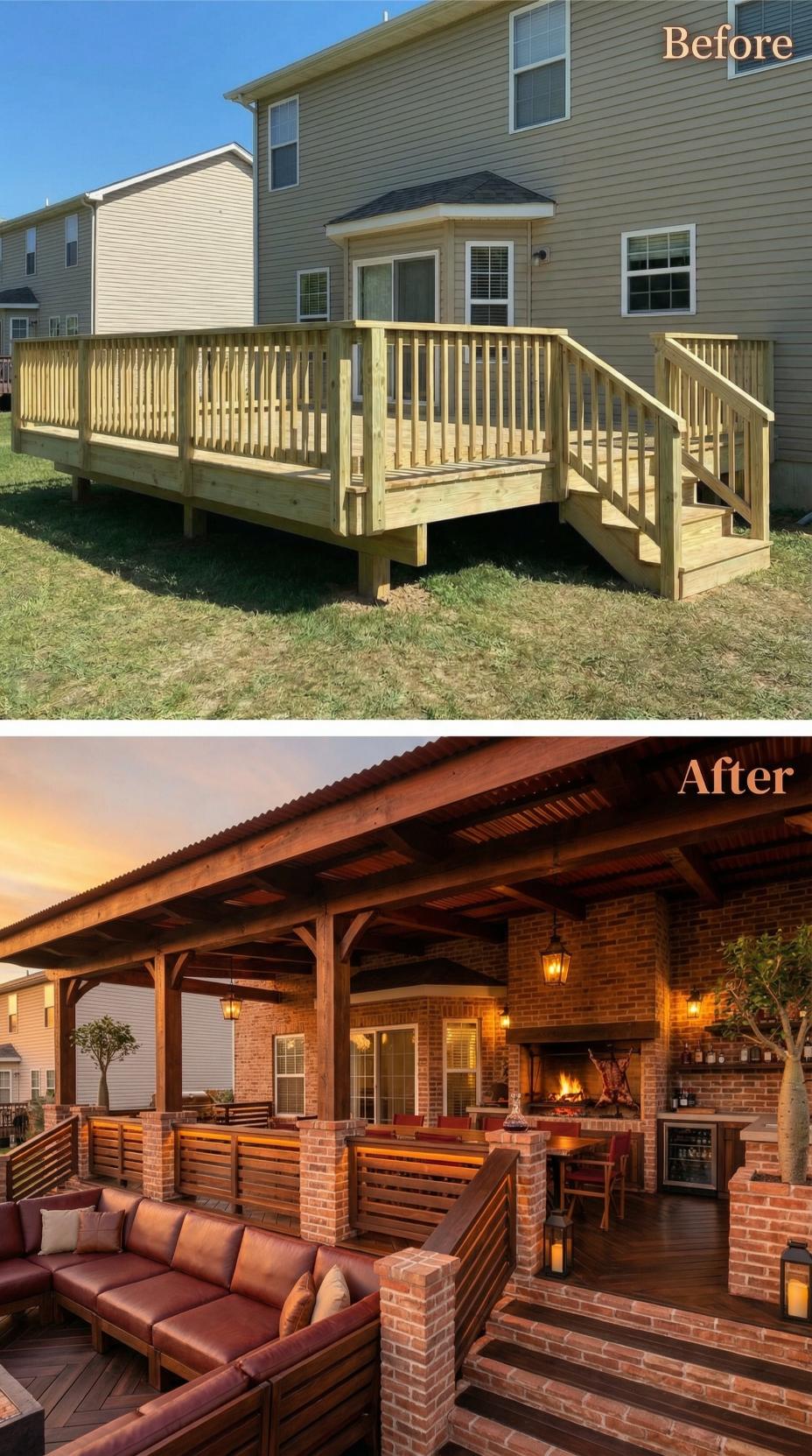 Raw Pinewood Platform Transformed into Brick-Clad Pavilion with Fireplace