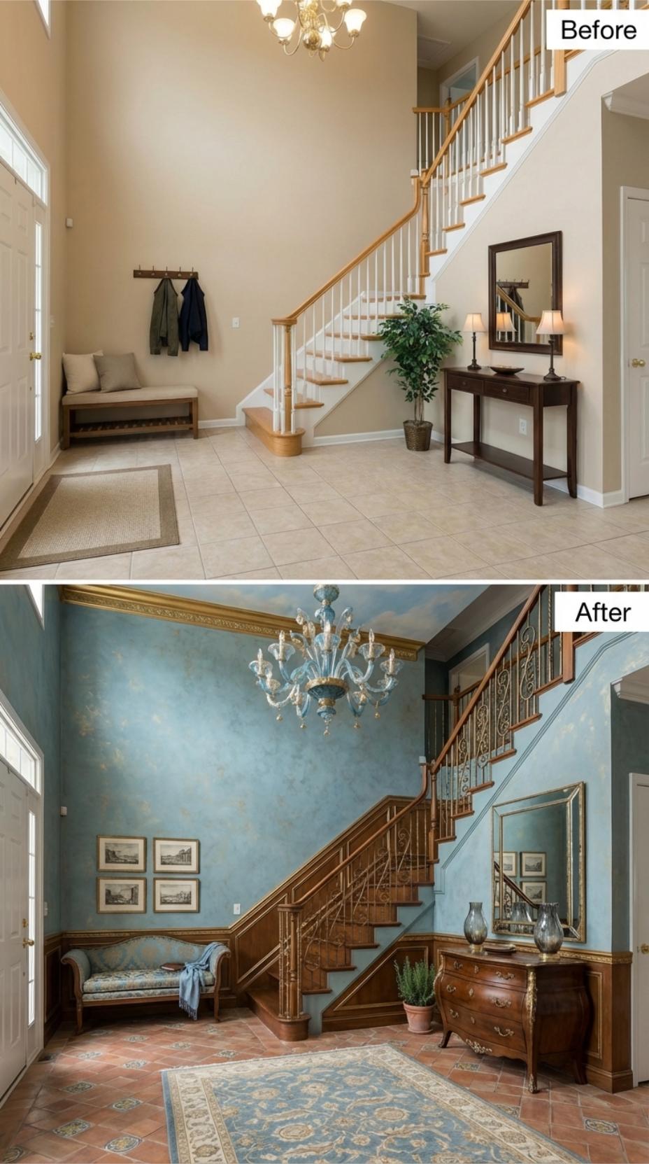 Venetian Plaster in Slate Blue and Wrought Iron Balusters Replace Builder-Grade White