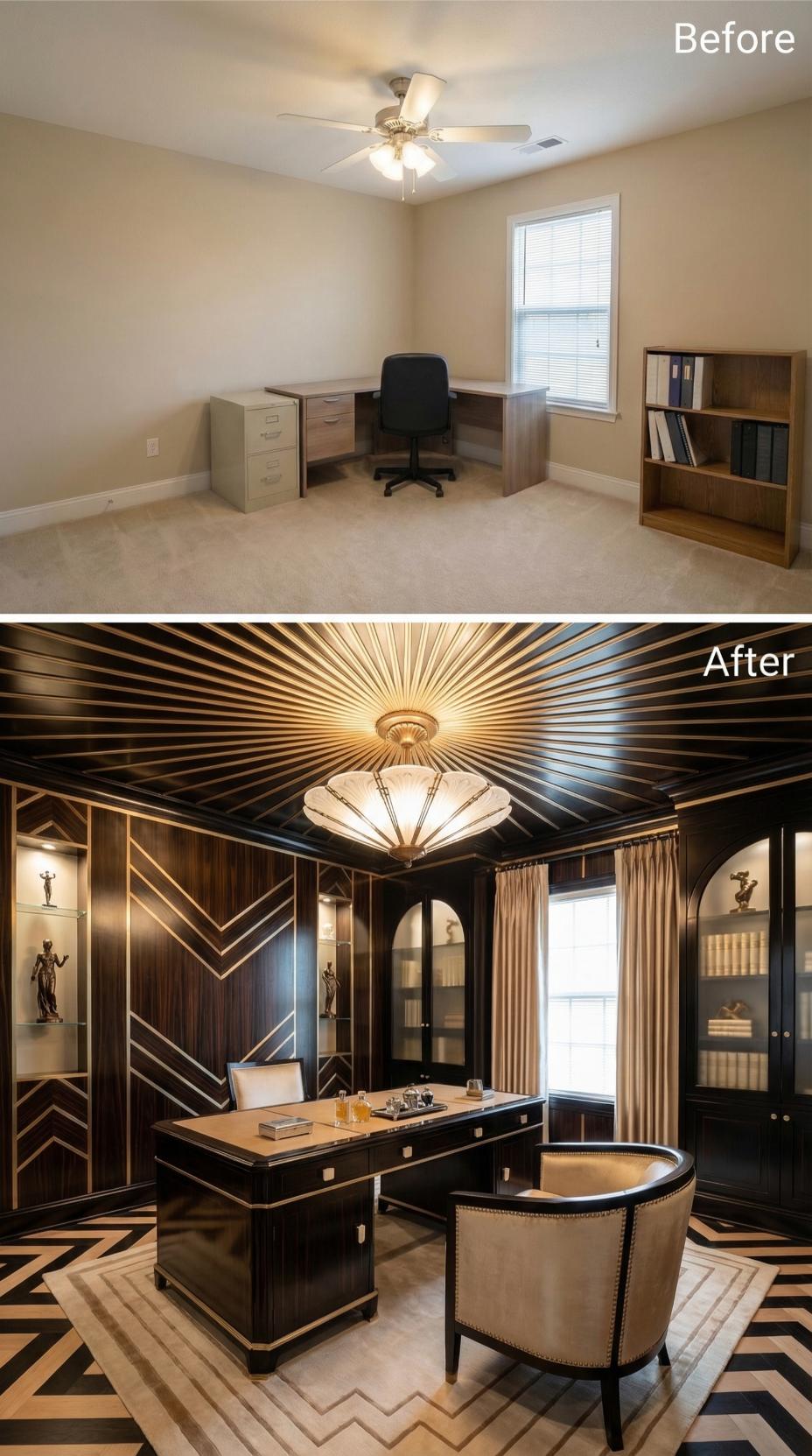 Art Deco Chevron Floor Inlay in Black Marble and Cream Travertine