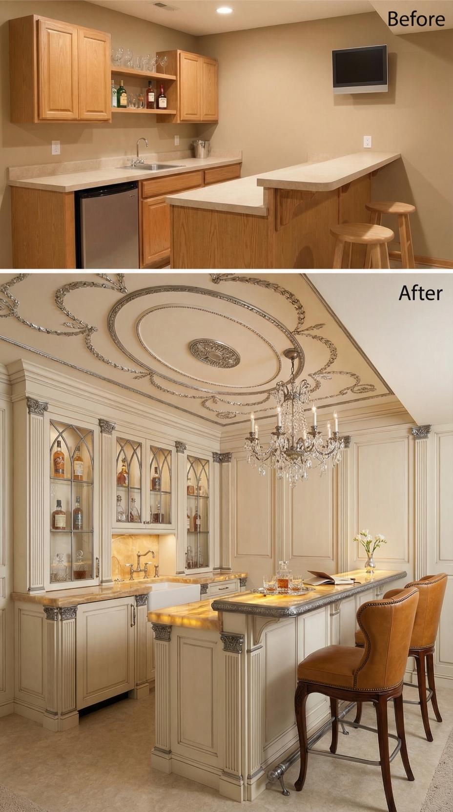 Ornamental Plaster Ceiling and Gothic Glass Doors Replace Oak Galley