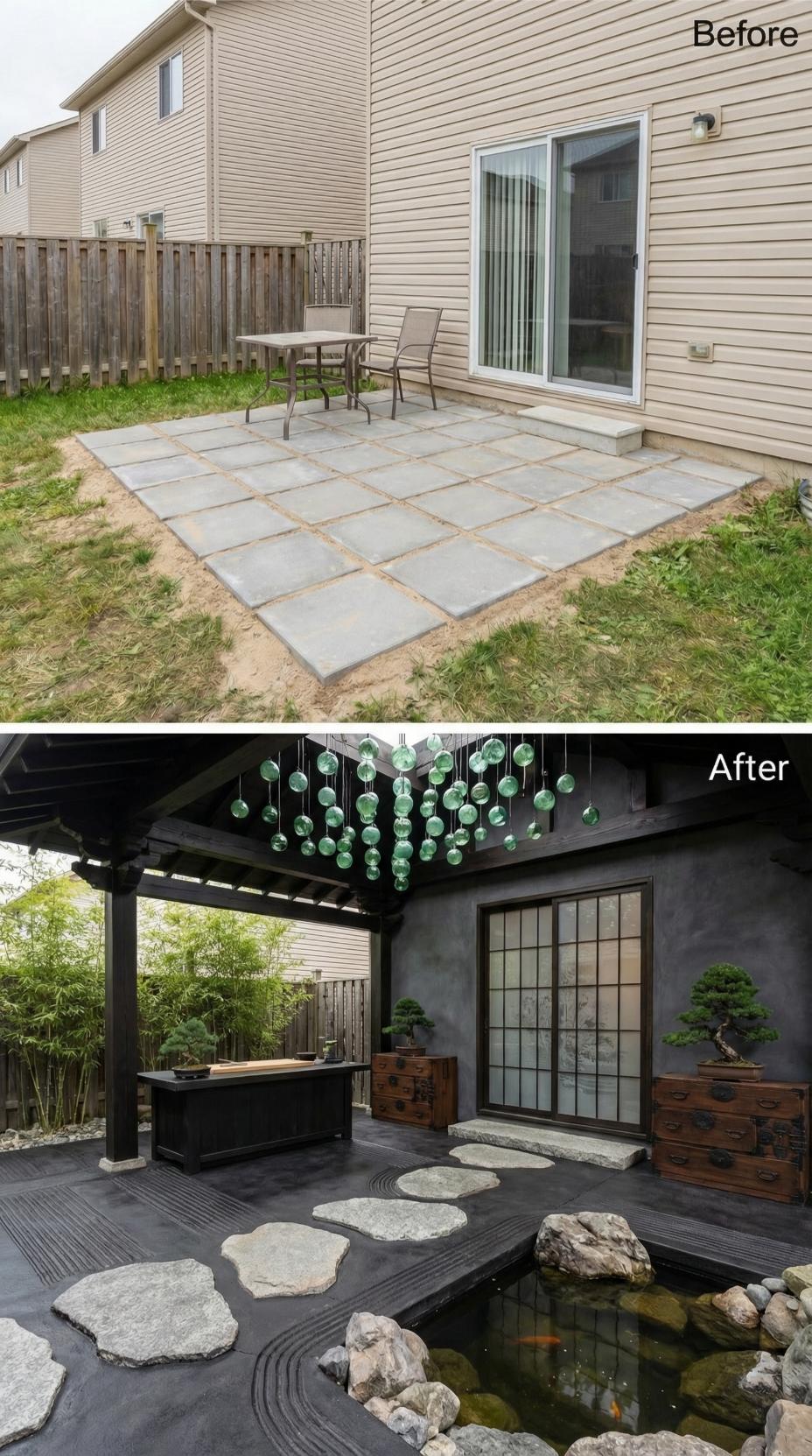 Slab Patio Replaced by Japanese-Inspired Koi Pond with Pergola