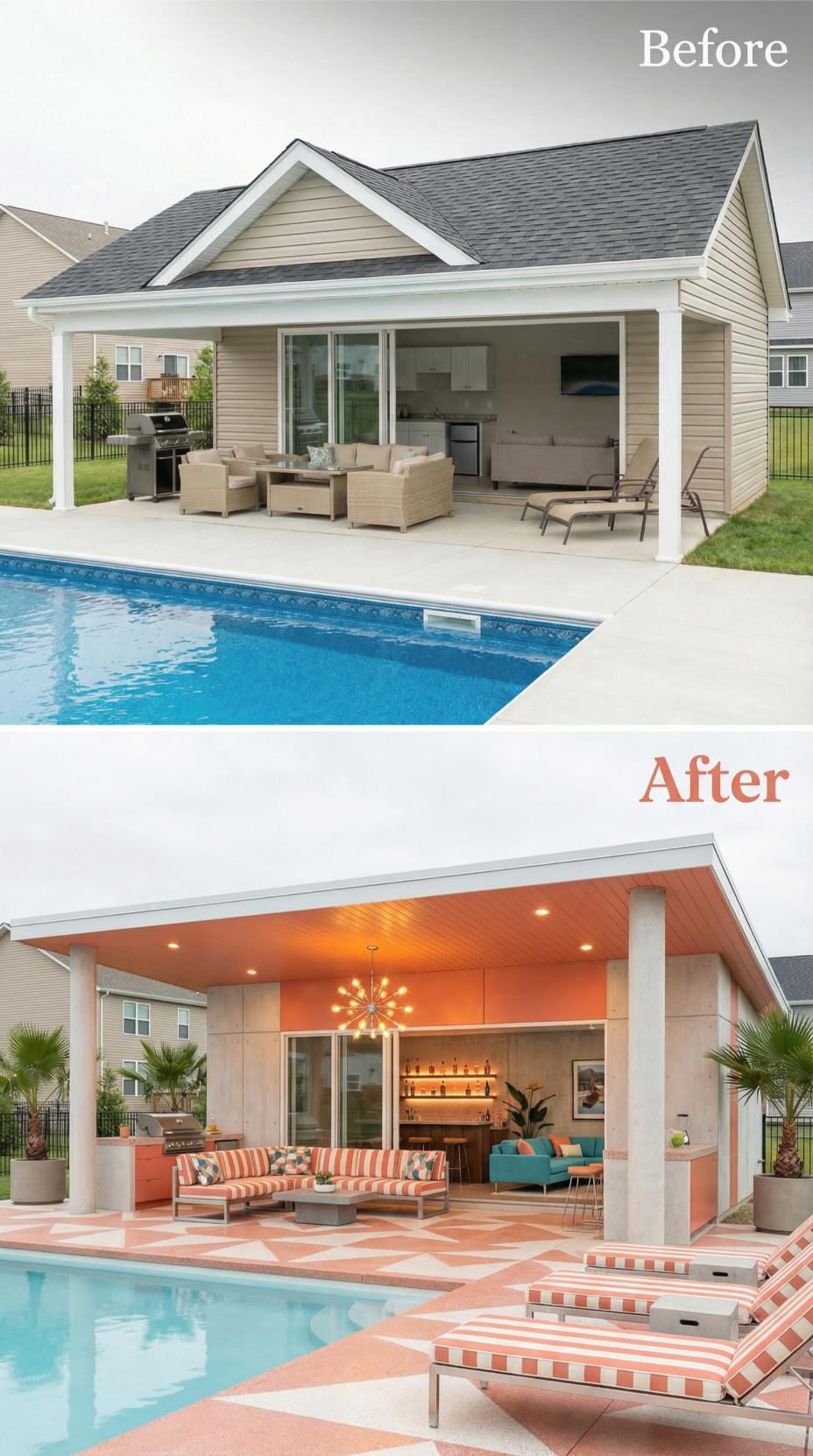 Coral-Orange Ceilings and Geometric Floor Tiles Energize Pool Pavilion