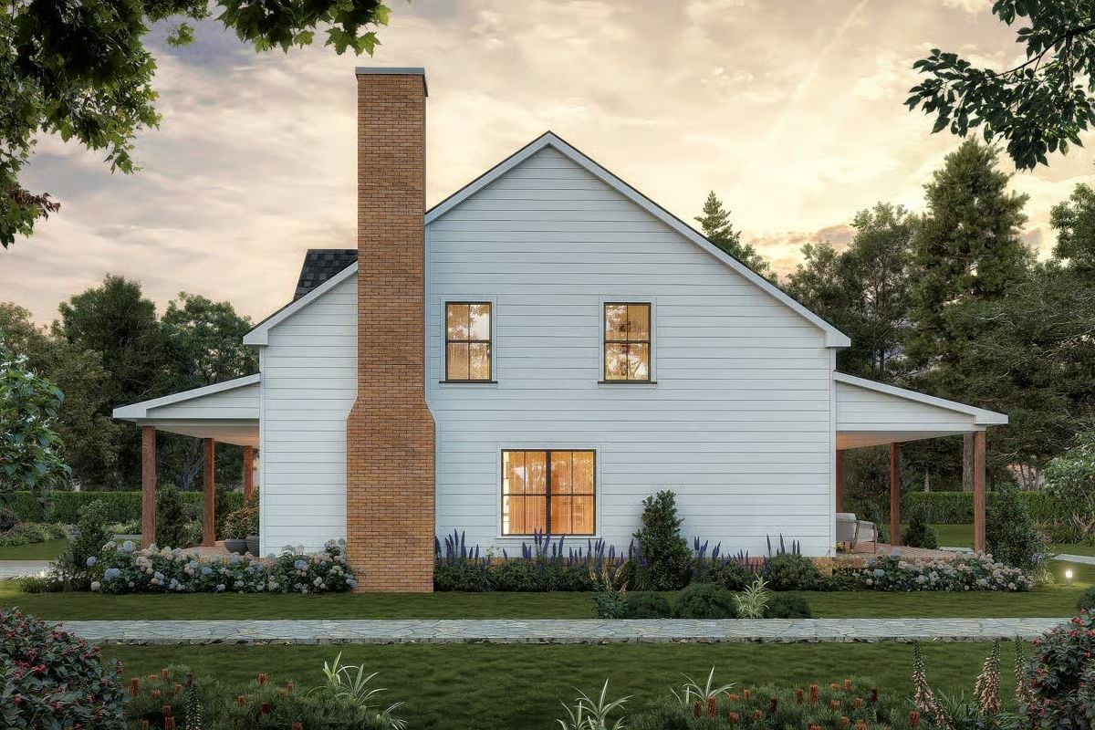 Brick Chimney and Wraparound Porch Define the Side Elevation