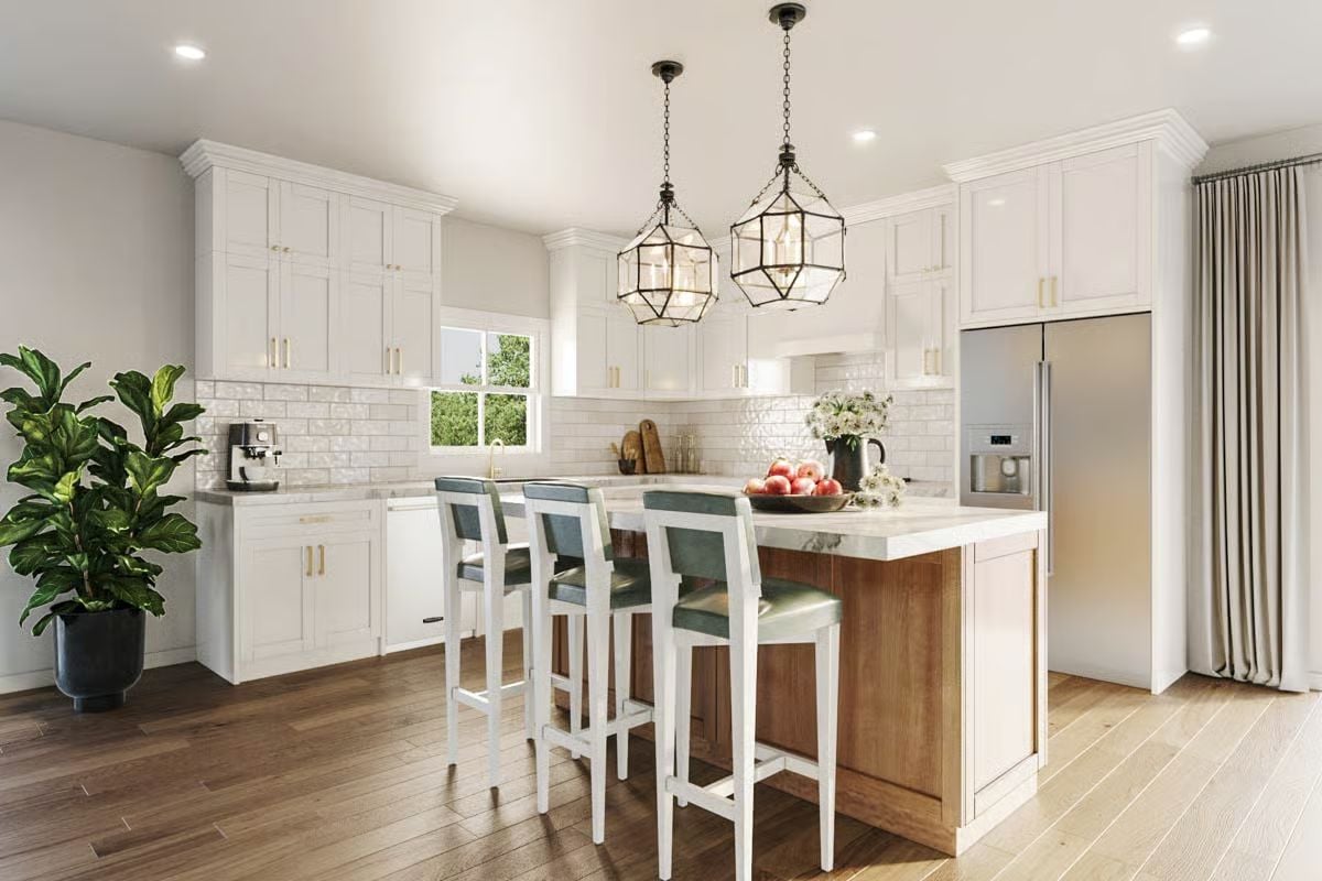 Geometric Pendants and a Wood Island Base Ground a White Kitchen Design