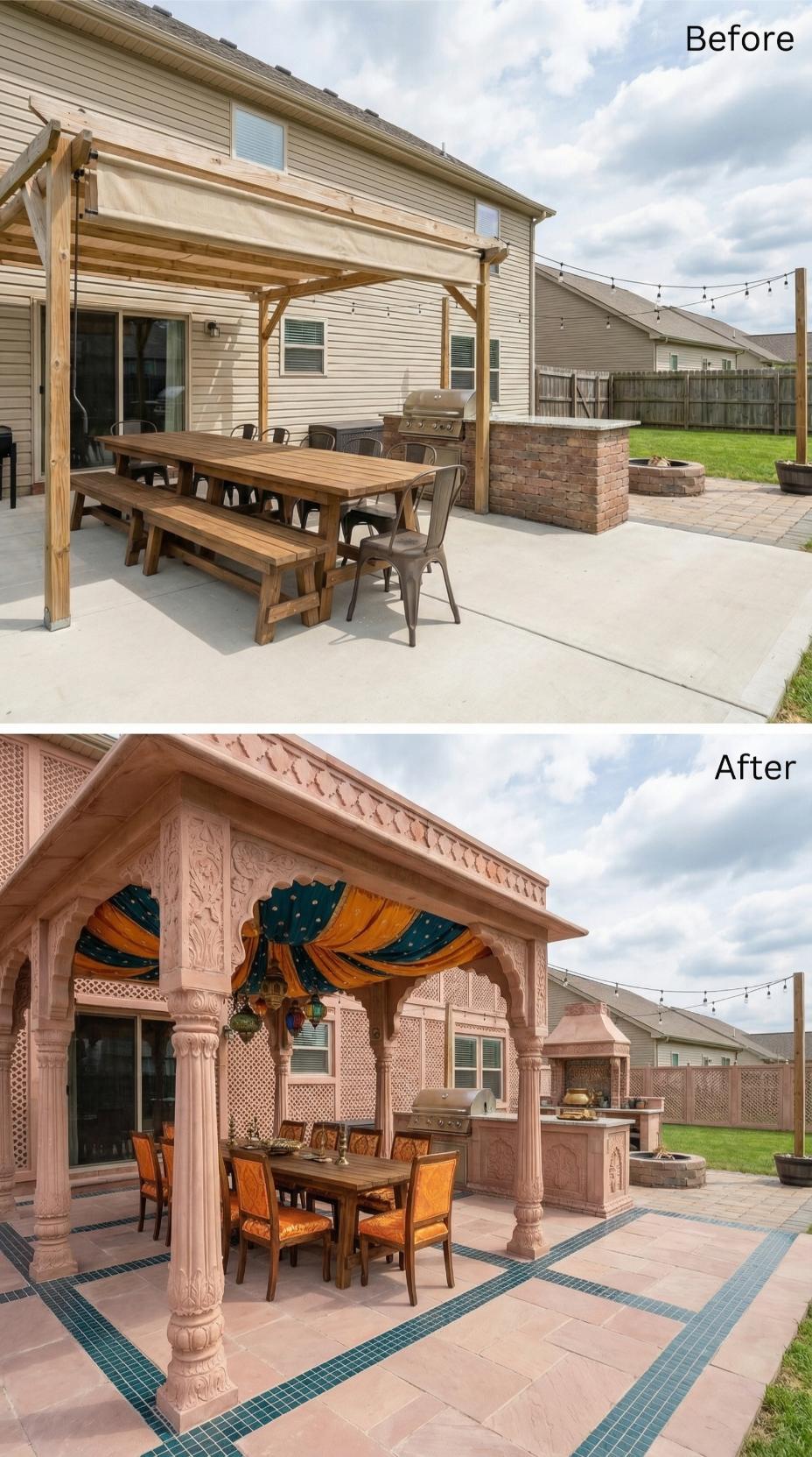 Plain Cedar Frame to South Asian Sandstone Pavilion with Carved Columns