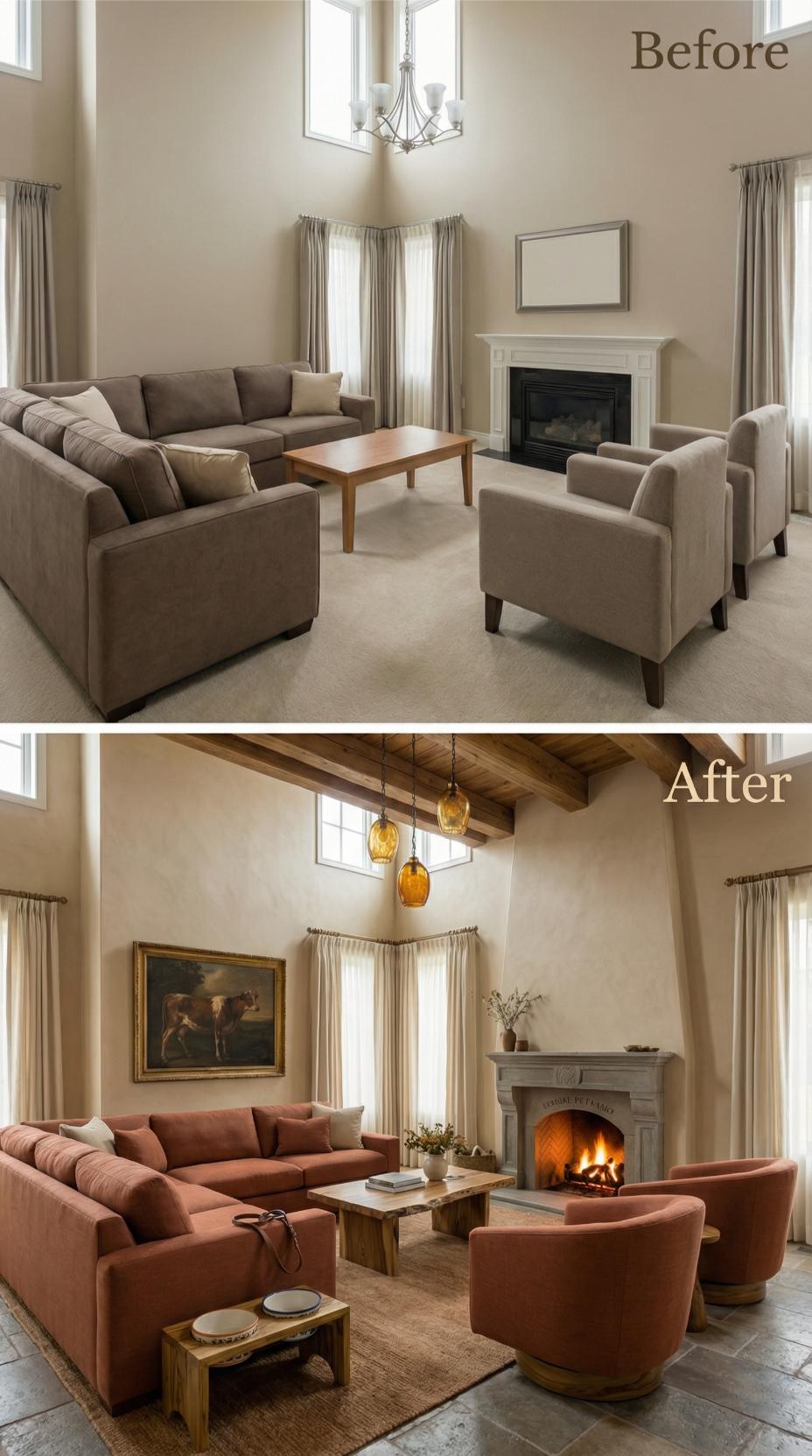 Beige Staging Furniture Discarded for Terracotta Linen and Rustic Beam Accents