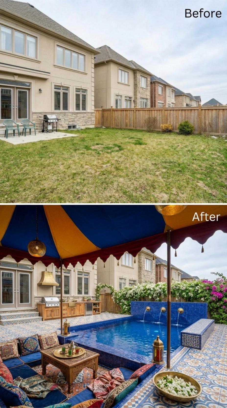 Moroccan Tent, Blue Zellige Pool, and a Sunken Lounge Swap a Builder Lawn