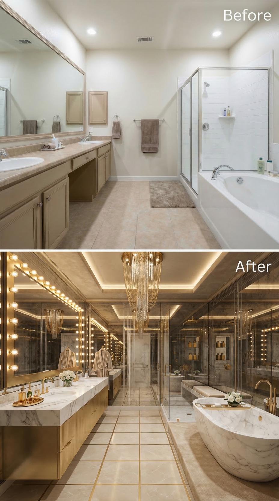 Gold Vanity Bases, Marble Soaking Tub, and a Chandelier That Touches the Floor