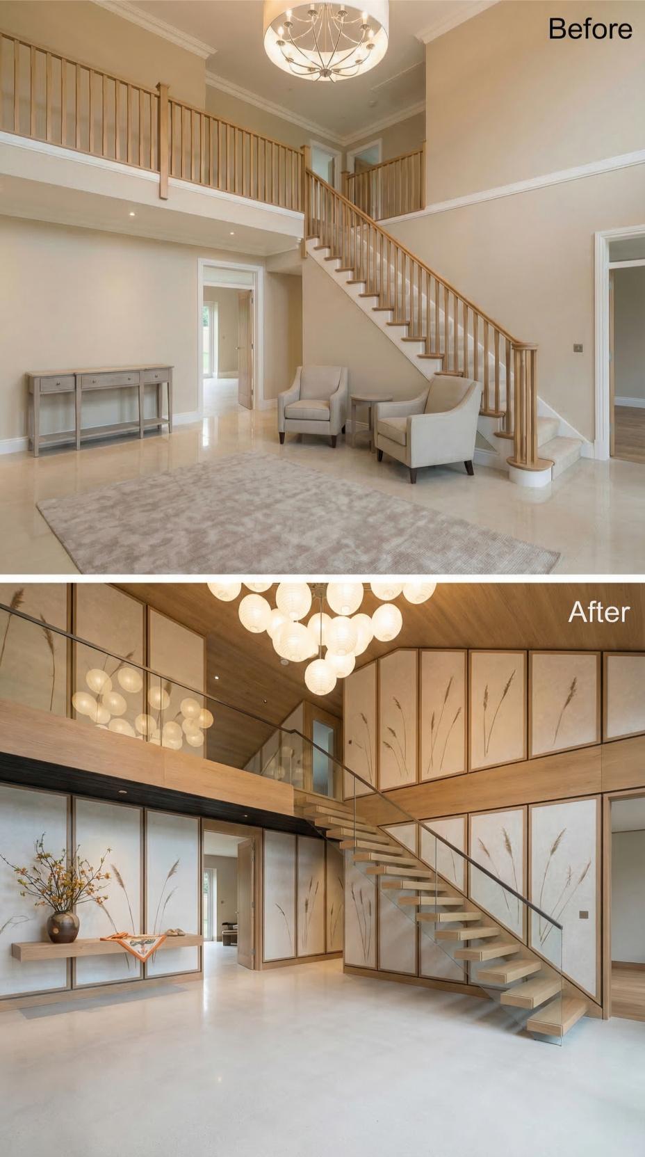 Oak Balusters and Beige Walls Traded for Glass Railings, Botanical Panels, and Globe Clusters