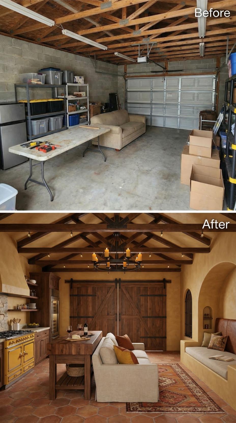 Sliding Barn Doors and a Candle Chandelier Replaced What Was Once a Garage Door