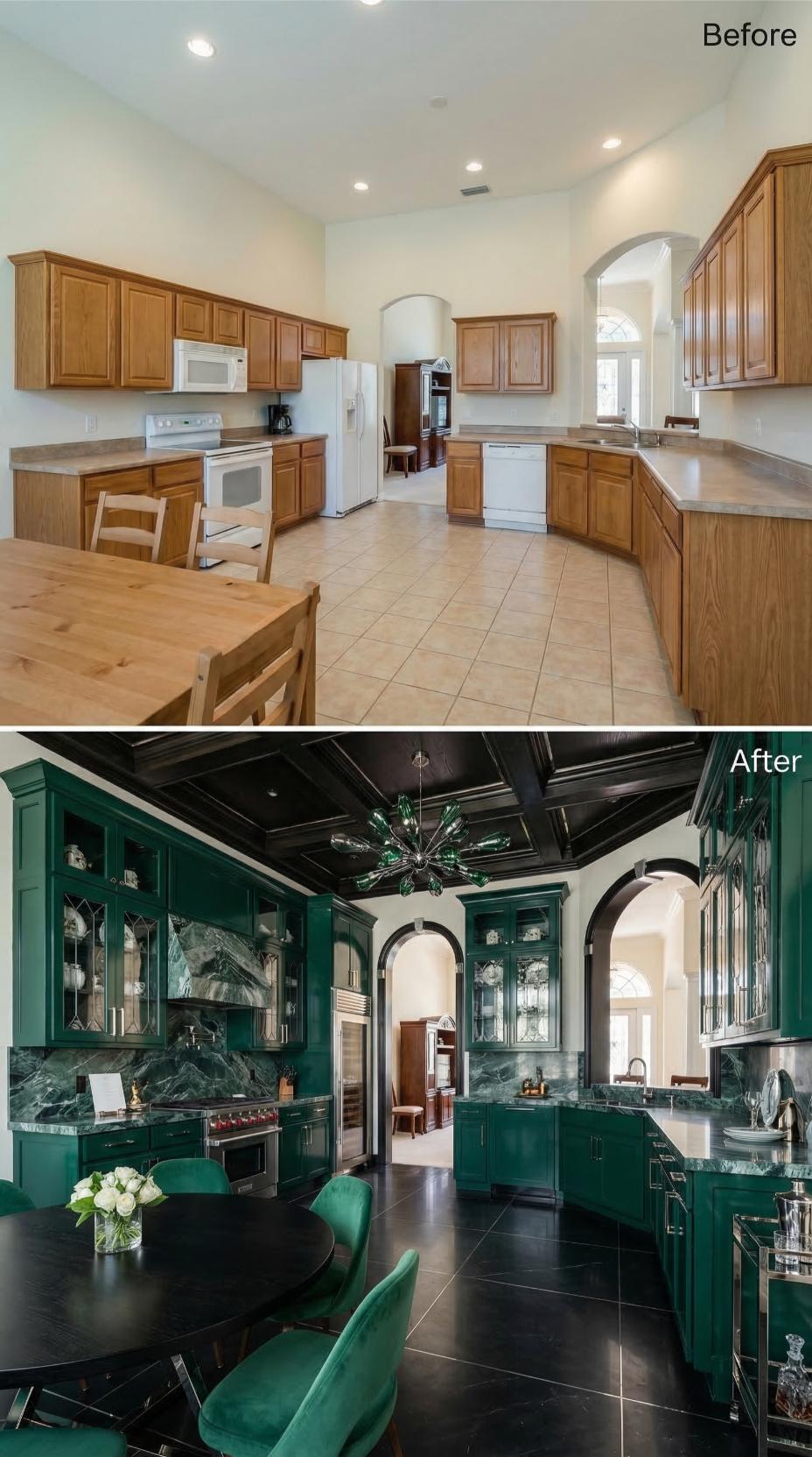 Emerald Lacquer and Green Marble Pull a Builder Kitchen Into Dark Glamour