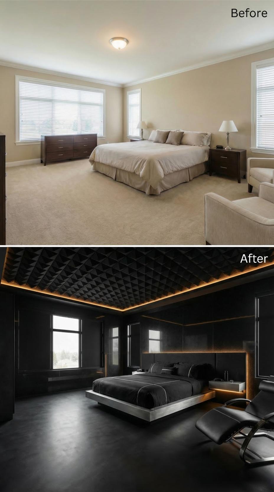 Acoustic Pyramid Tiles and Floating Black Platform Replaced Carpet and Crown Molding