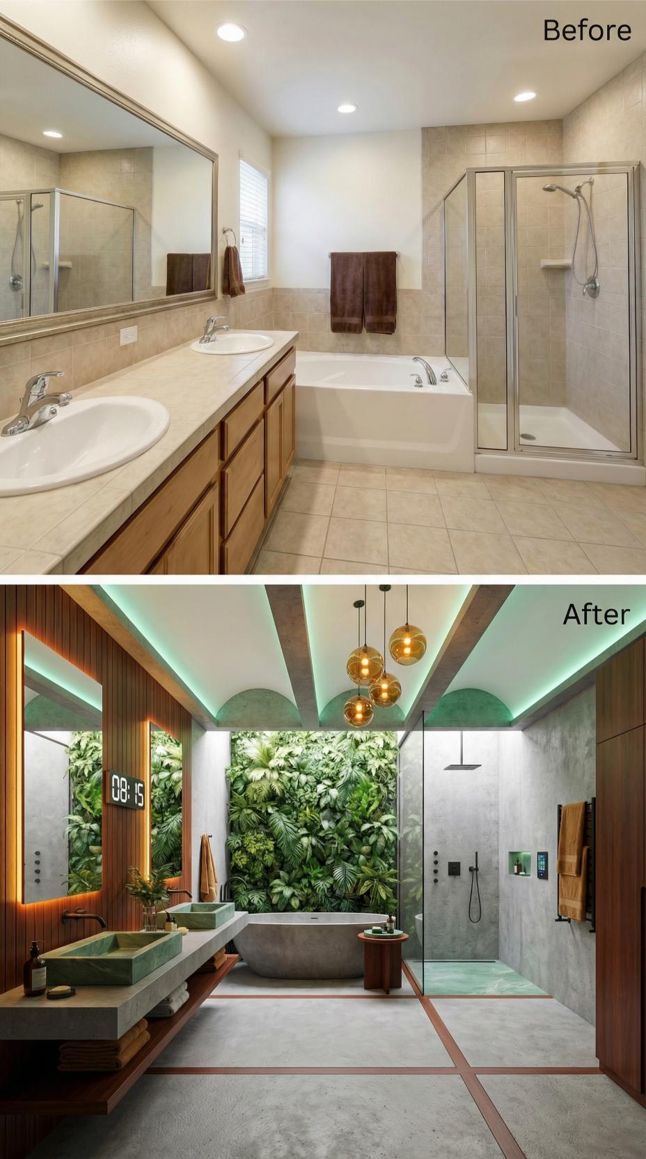Concrete Tub, Living Wall, and Teal Cove Lighting Replaced Oak Cabinets Entirely