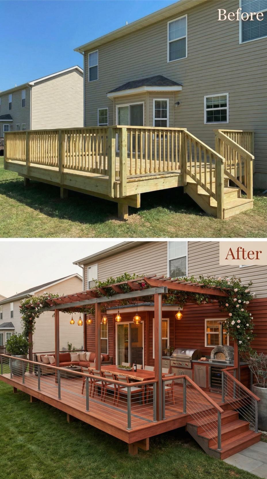 Bare Wood Structure Outfitted with Outdoor Kitchen and Mahogany Pergola