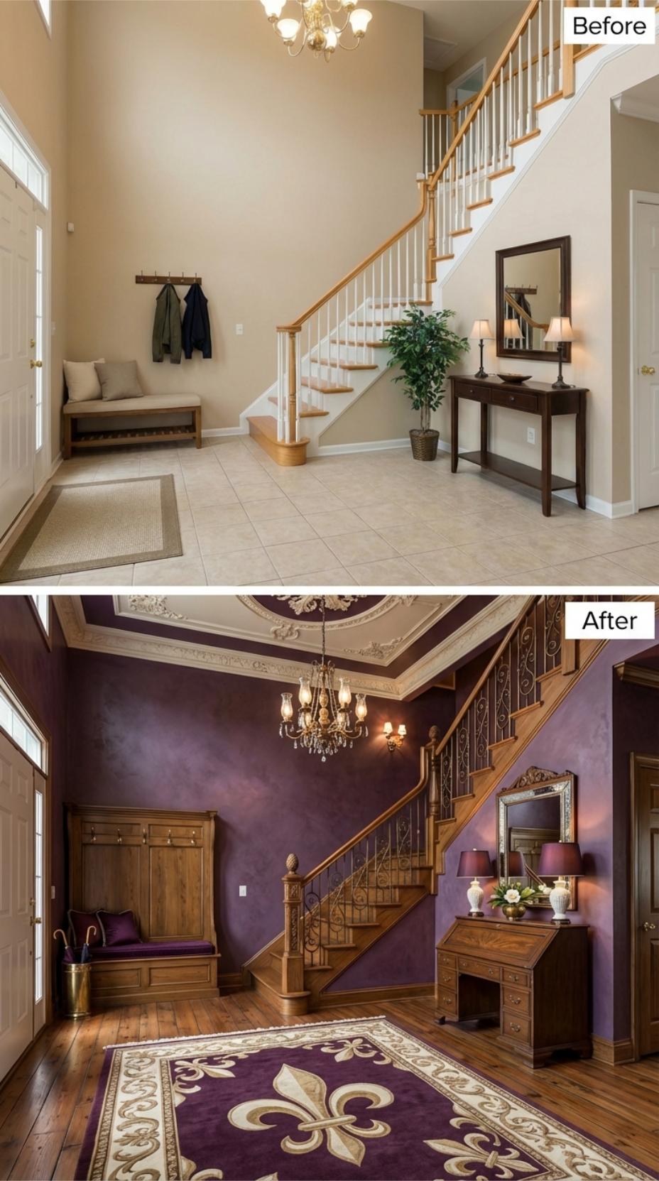 Plum Venetian Plaster and Wrought Iron Balusters Replace Beige Tile in a Two-Story Foyer