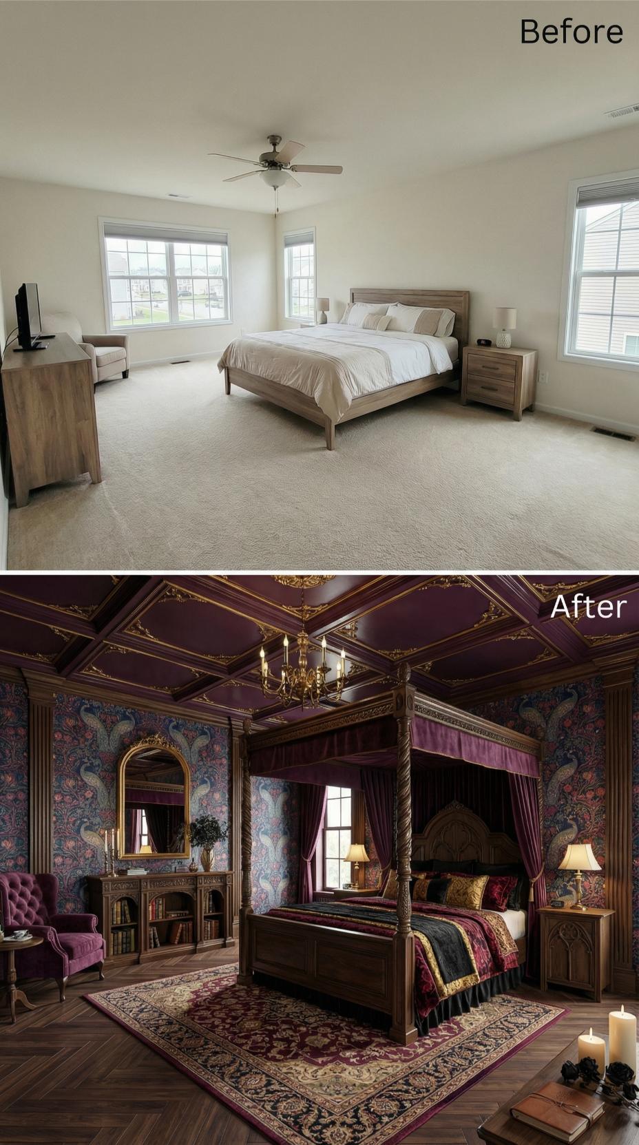Dark Burgundy Coffered Ceilings, Peacock Wallpaper, and a Four-Poster Built for a Manor