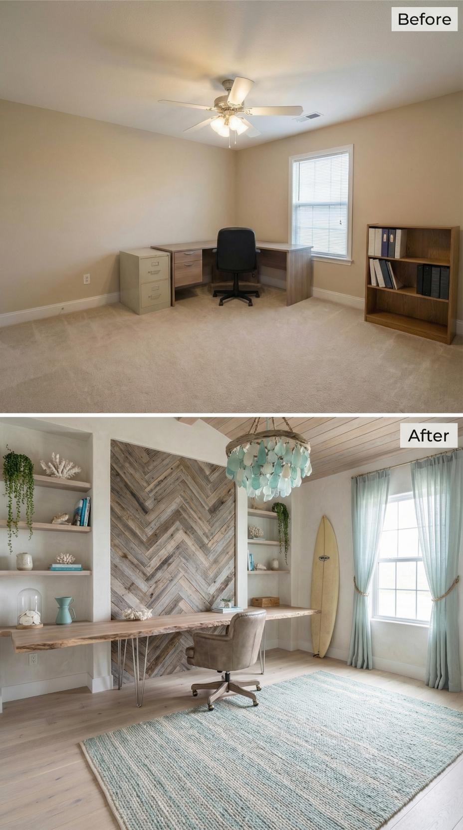 Beachy Reclaimed Wood Chevron Accent Wall Anchors Live-Edge Desk