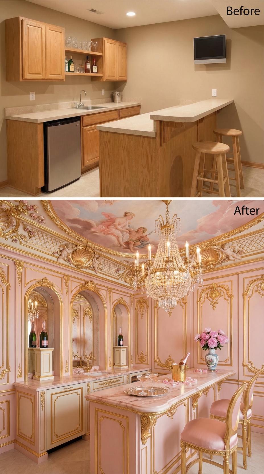 Versailles-Inspired Gilded Panels and Cherub Ceiling Replace Oak Basement Bar