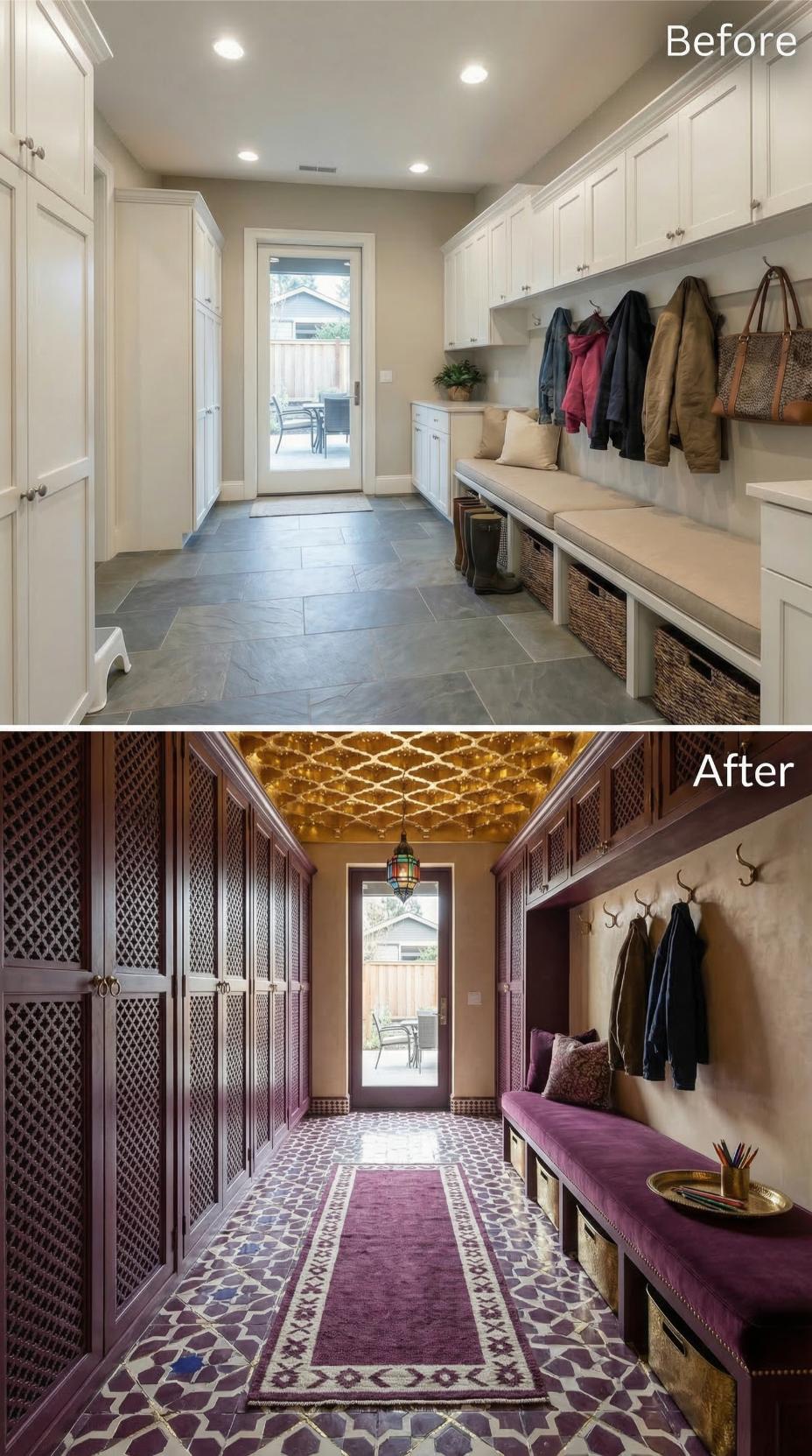 Moroccan Lattice Cabinets and Jeweled Ceiling Replace White Shaker